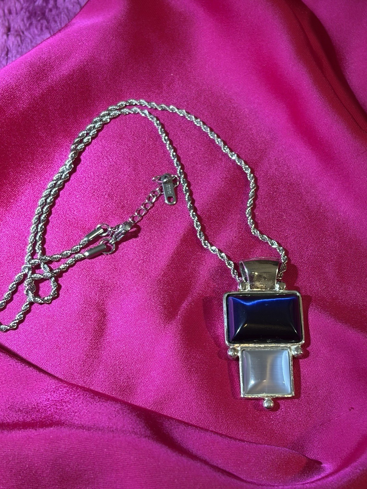 Napier Silver Tone Rope Chain Necklace Rectangle Blue White Inlay Pendant