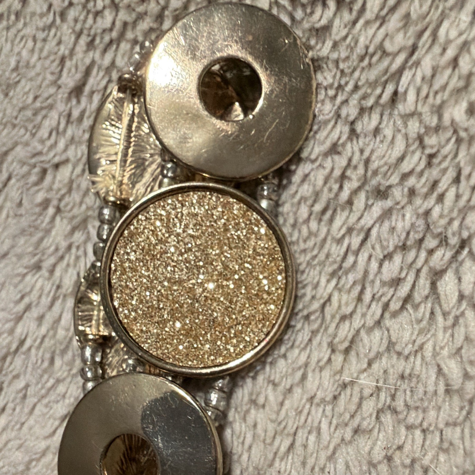 Gold Tone Stretch Adjustable Bracelet Round Textured Disc Links Dangle Charm