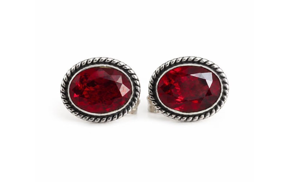 Ruby Red Stud Earrings Silver Oval Gemstone Minimalist Jewelry