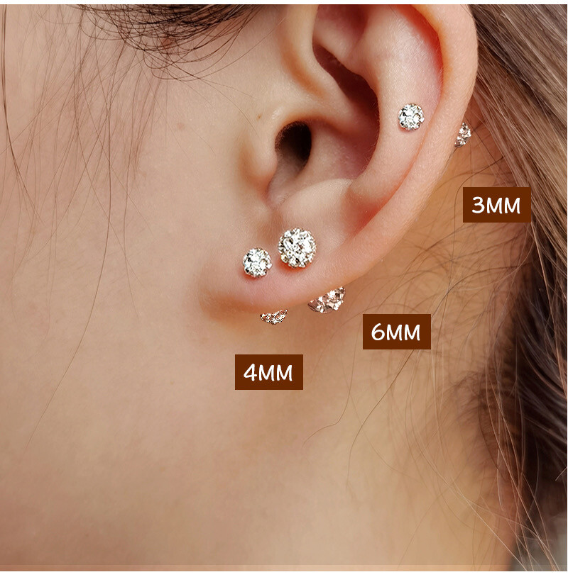 316L Surgical Steel Silver Round Ball CZ Crystal Screw Back Stud Earrings 3-6mm