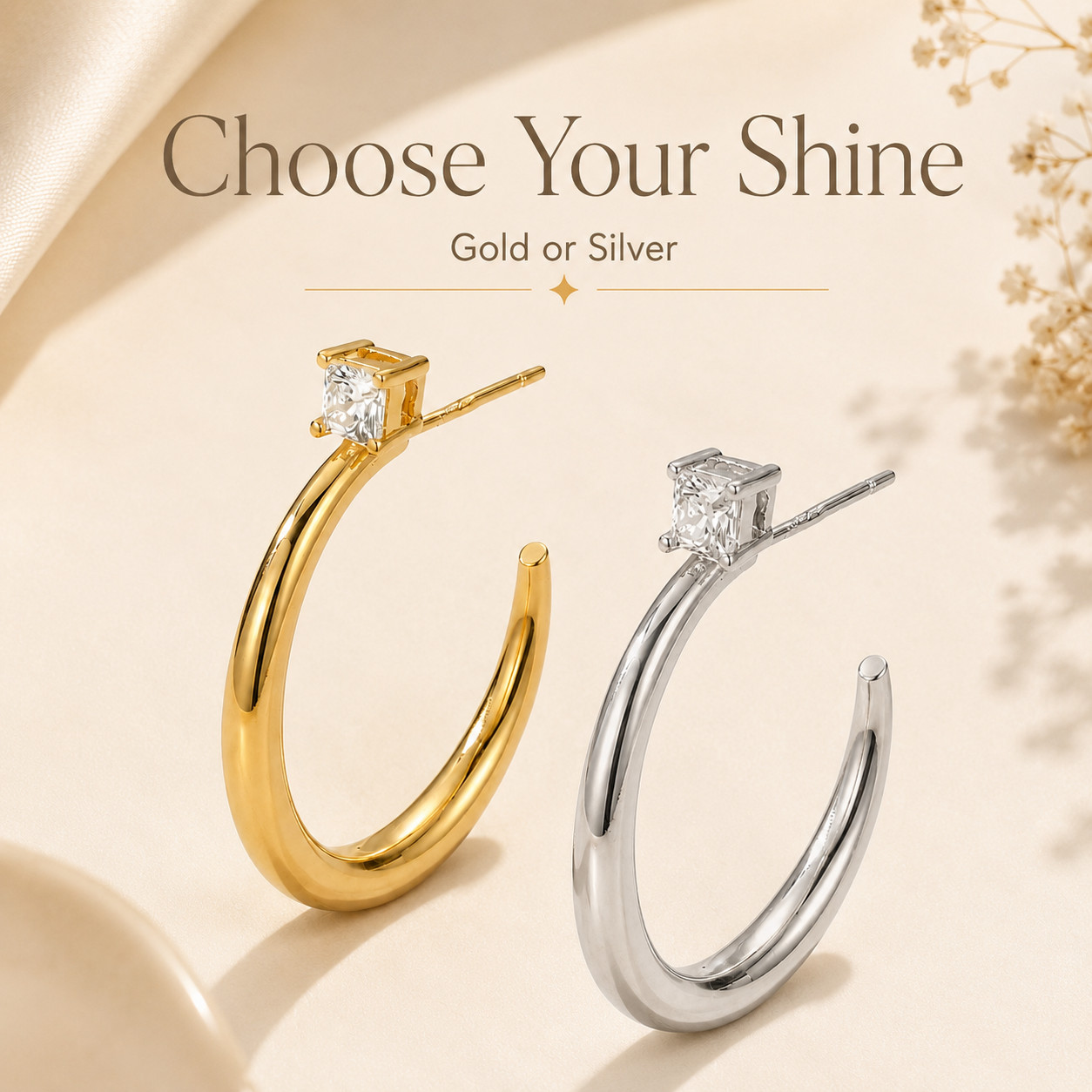 Uxvwez 18k Gold Silver Hoop Earrings for Women with Square CZ Stud