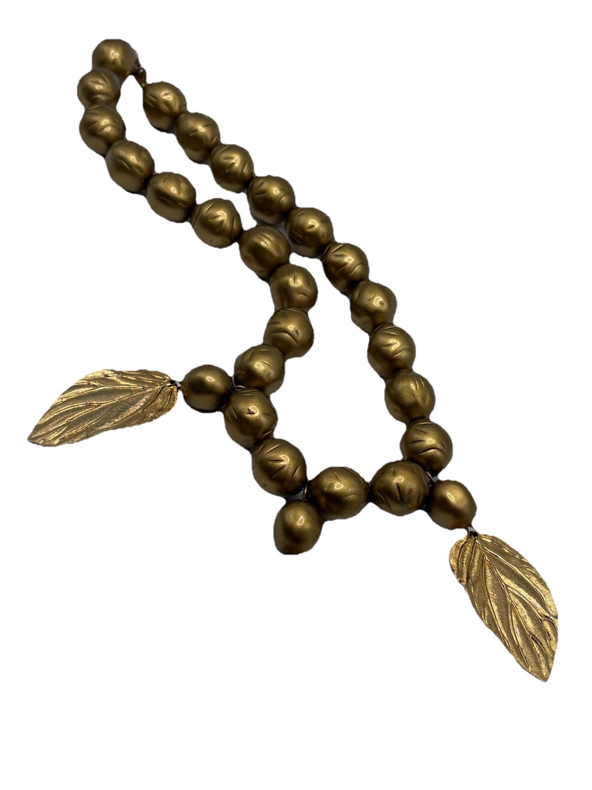 Gold Beaded Statement Necklace with Leaf Pendants, Oval Link, 18″ Charm