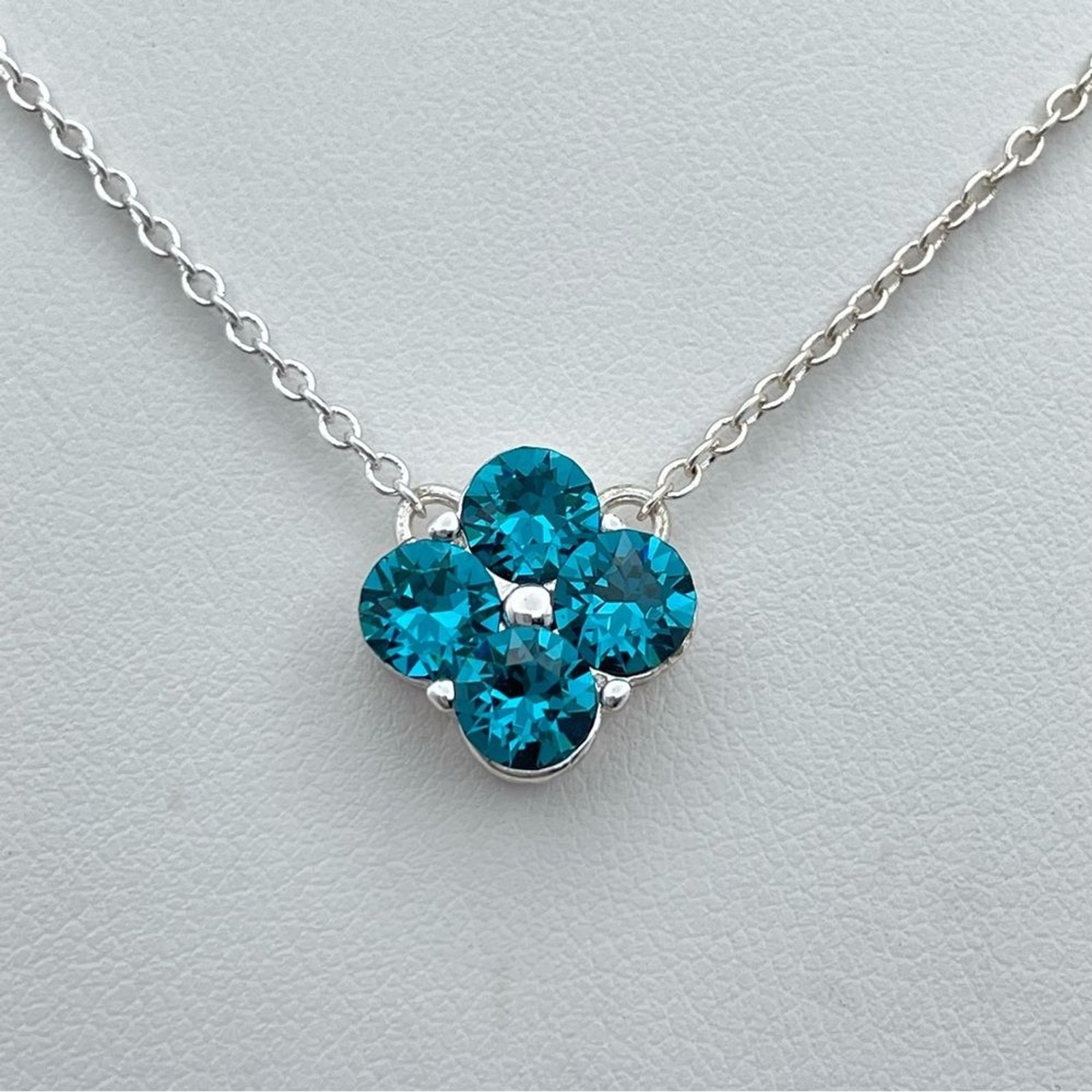 Dana Buchman Teal Crystal Flower Necklace & Earrings Set Silver Tone