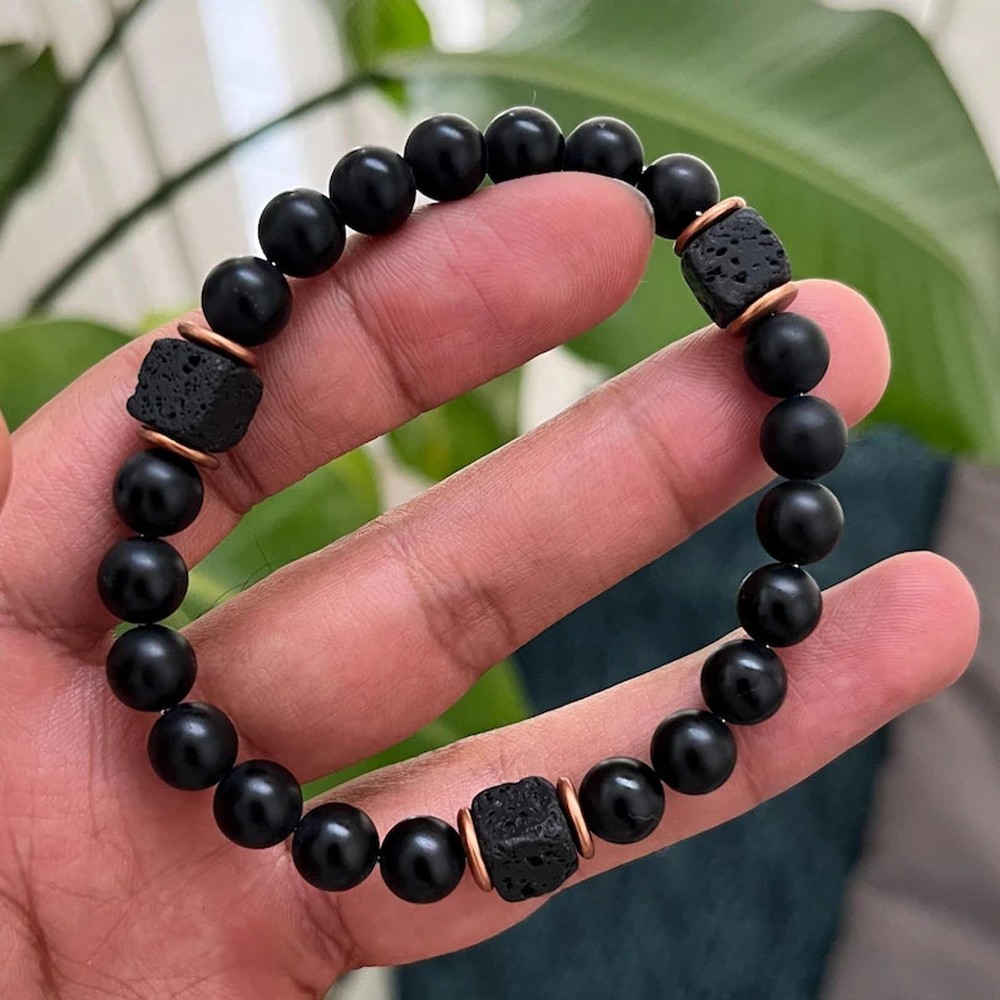Natural Black Onyx Lava Bracelet 8mm Black Crystal Gemstone Beaded Mens Bracelet