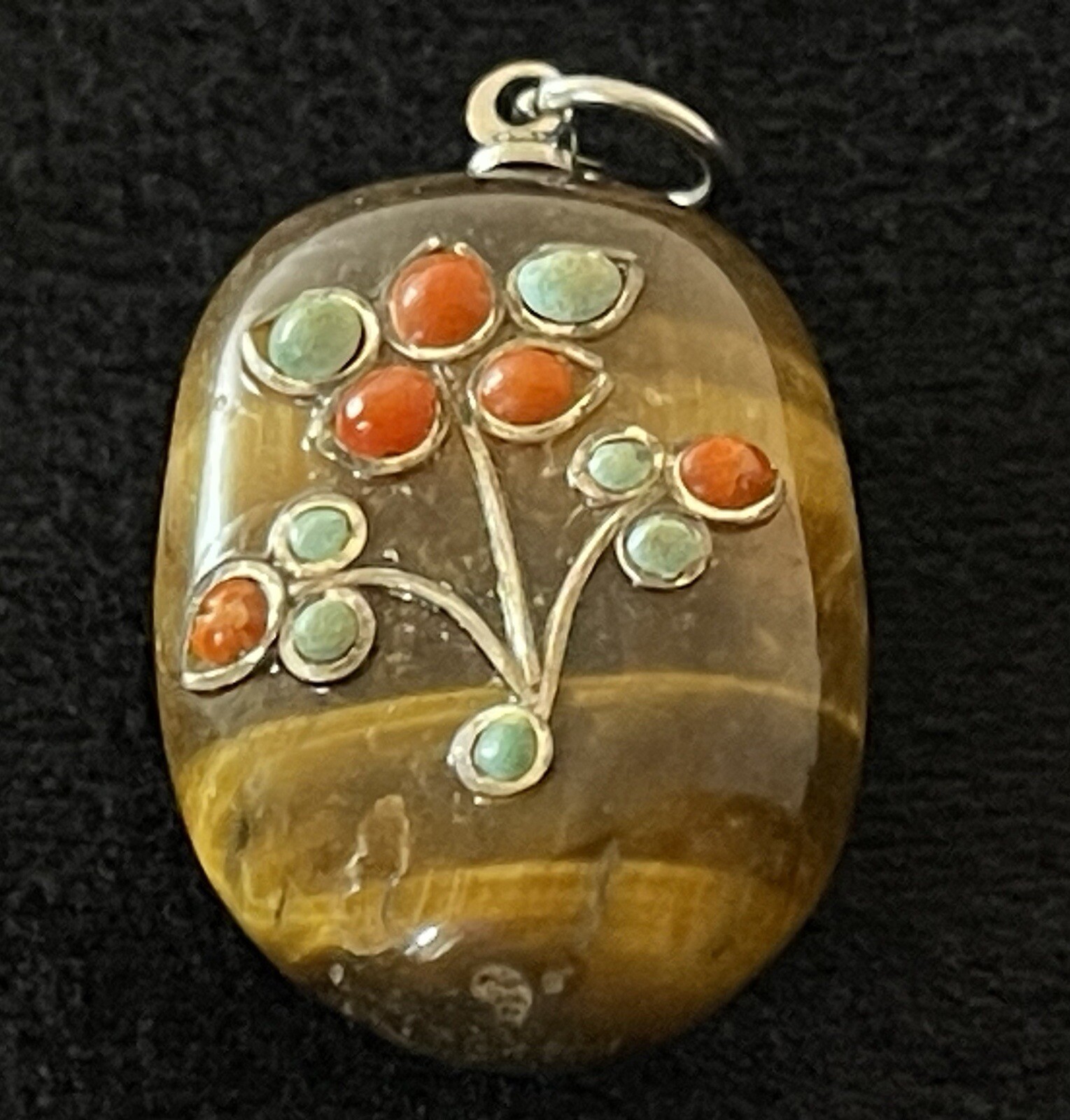 Jewelry Pendant Tigers Eye Coral Turquoise Handmade Silver-Toned Accents