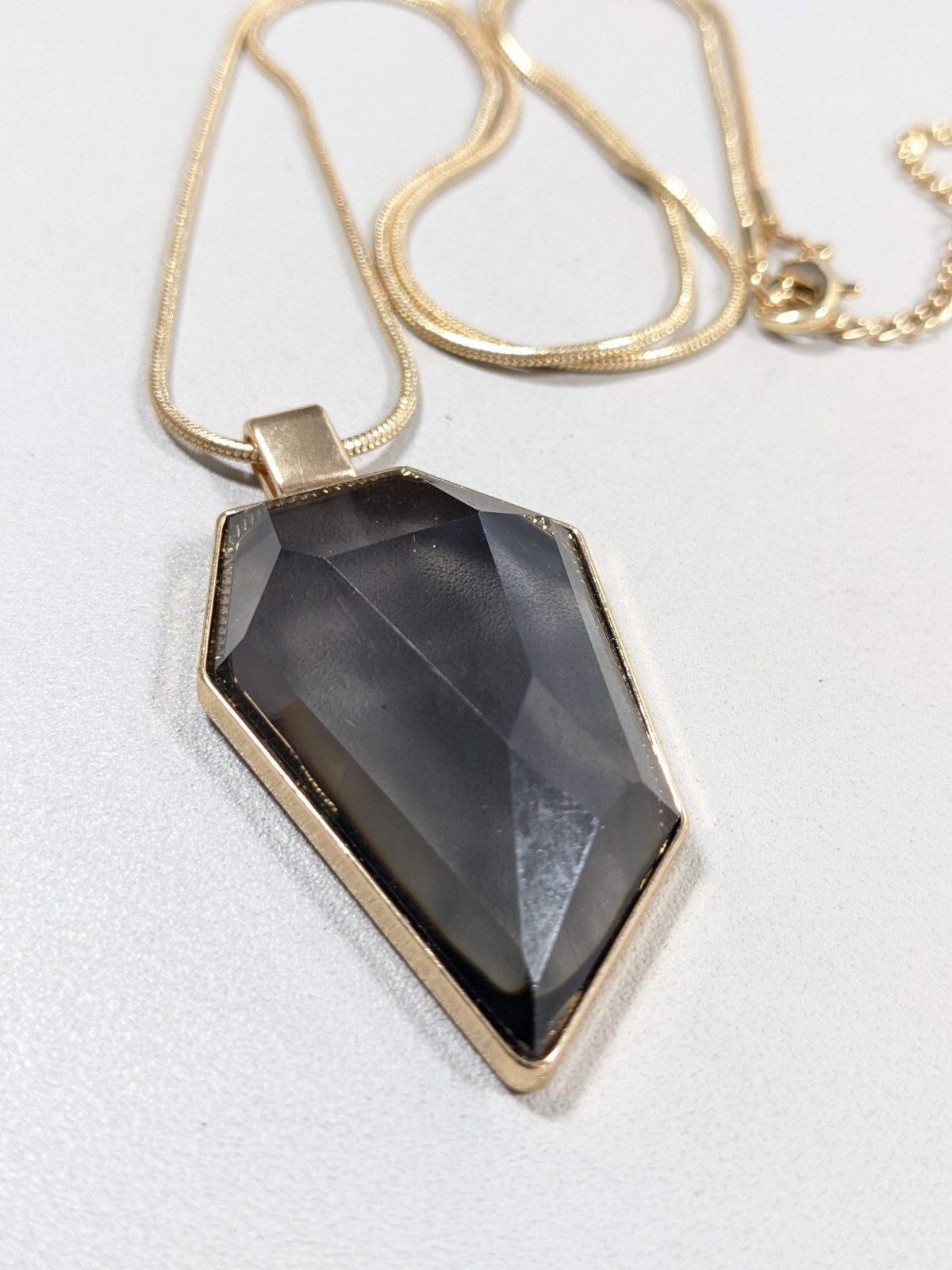 Gold Tone Smoky Gray Acrylic Cabochon Pendant Long Necklace 31 inch