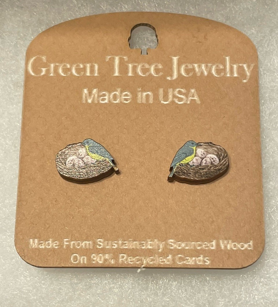 Green Tree Jewelry Bird in Nest Wood Earrings Egg Studs Made in USA Gift Boxed