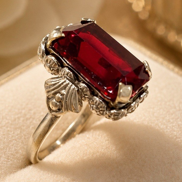 Antique 1930s Art Deco Brass Ring with Large Ruby Red Glass Stone Size 6.5