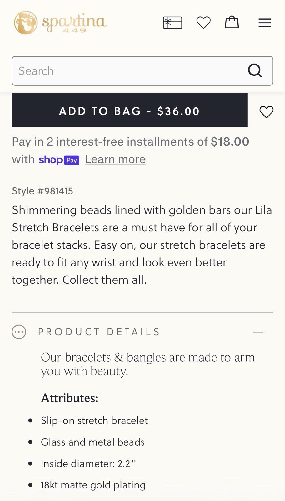 NWT Spartina 449 Blush/Gold Lila Stretch Bracelet in Original Packaging