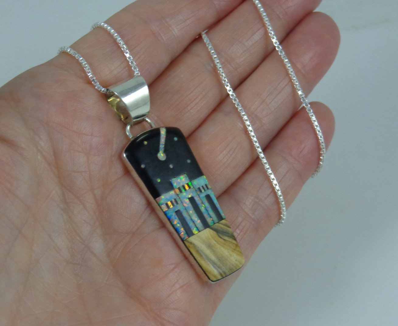 Sterling Silver Jasper Starry Night Lab Opal Three Dwellings Pendant Necklace
