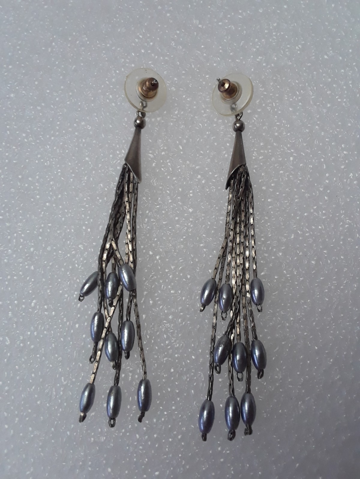 Silver Tone Long Dangle Drop Down Beaded Multiple Strand Earrings 3.25 in