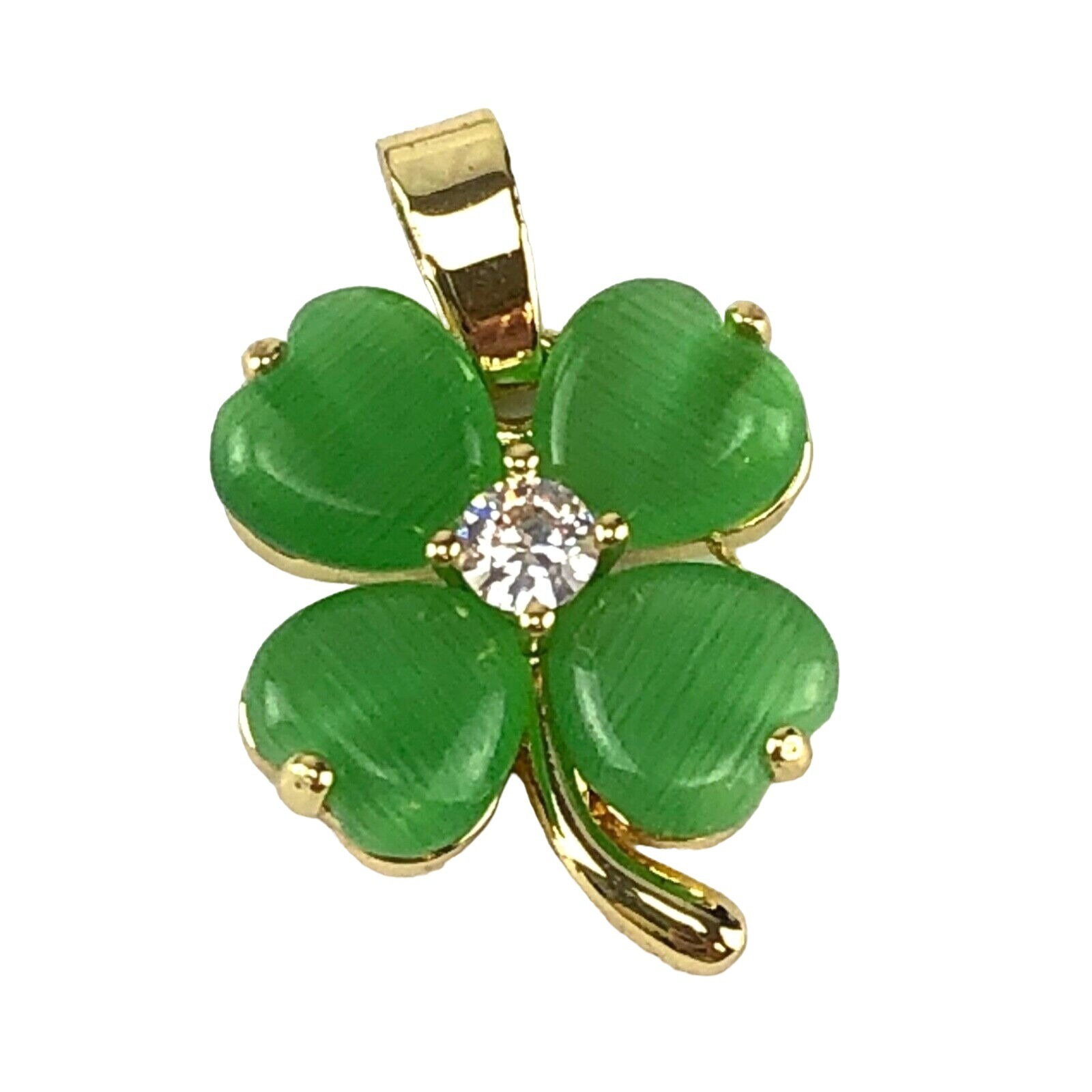 Pendant Green Shamrock Four Leaf Clover with Clear Crystal Gold Tone