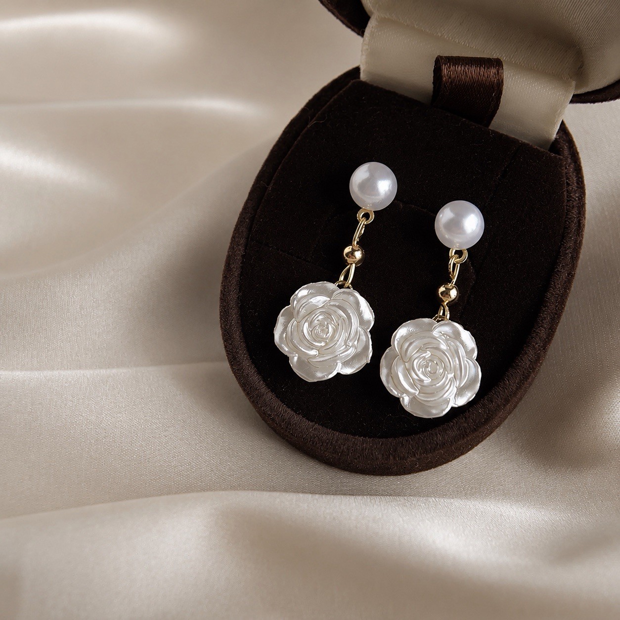 18K Gold Plated Pearl Camellia Flower Drop Earrings Camellia Dangle Earrings A20