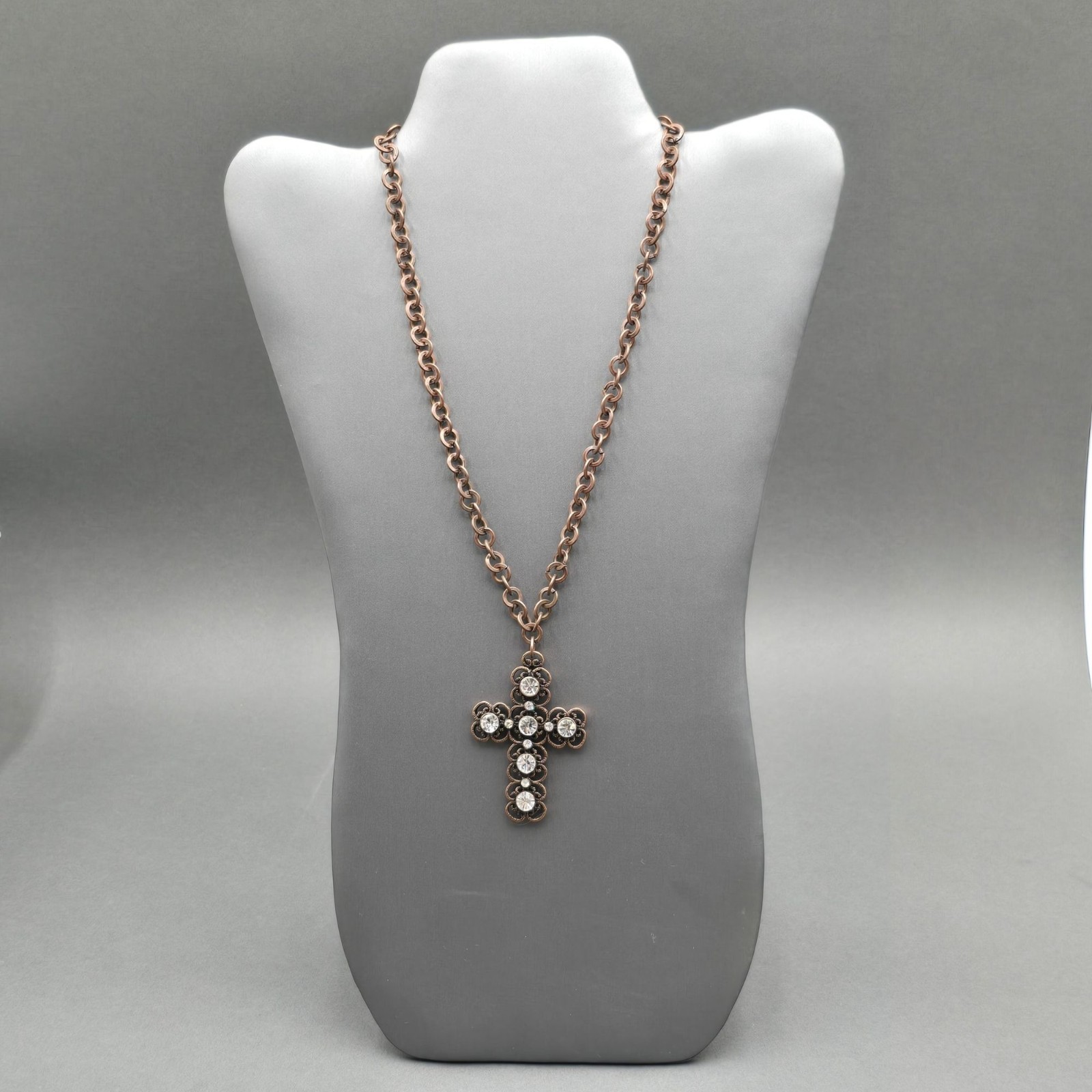 Etruscan Revival Copper Plated Stainless Steel Cross Pendant Necklace Rhinestone