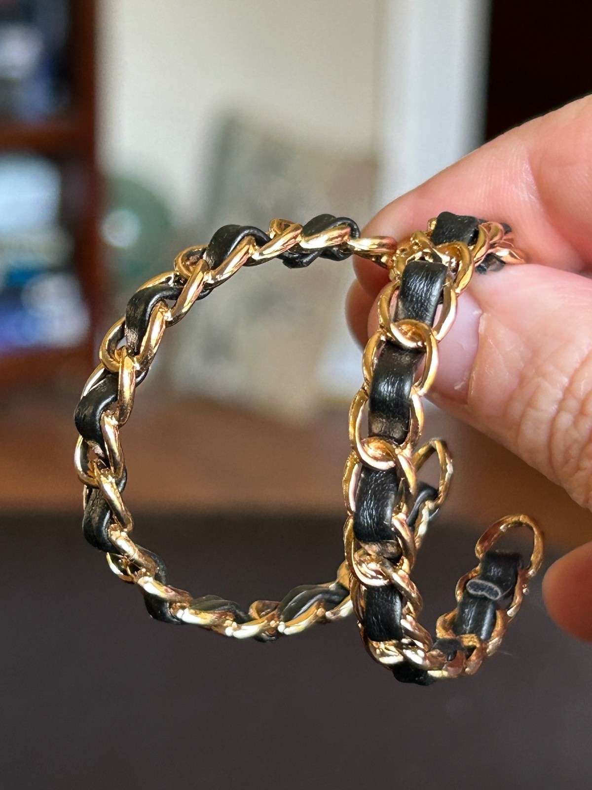 Gold Tone and Black Leather Chain Hoop Earrings