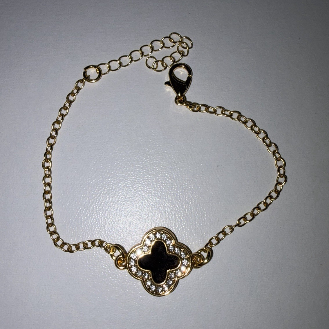 Gold Tone Cable Chain Bracelet Black Clover Charm Lobster Clasp