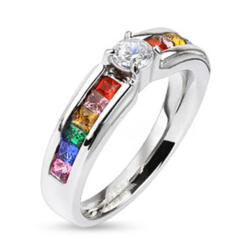 Pride Shack – Lesbian Gay Pride Wedding Ring Band -Rainbow Ring Center CZ Stone
