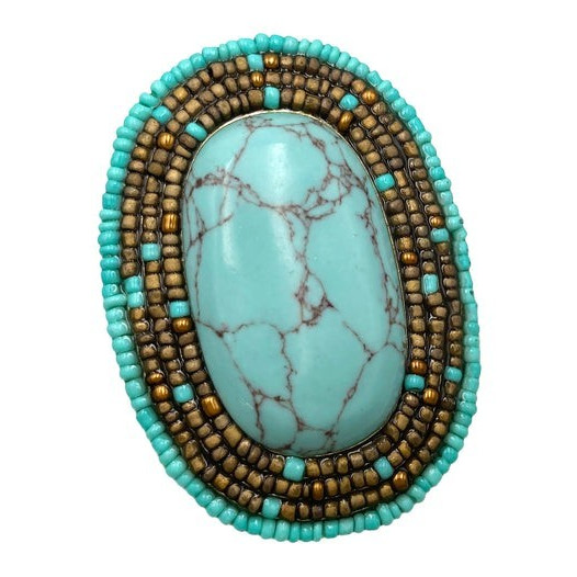 Adjustable Oval Turquoise Cabochon Beaded Cocktail Ring 2 Gemstone