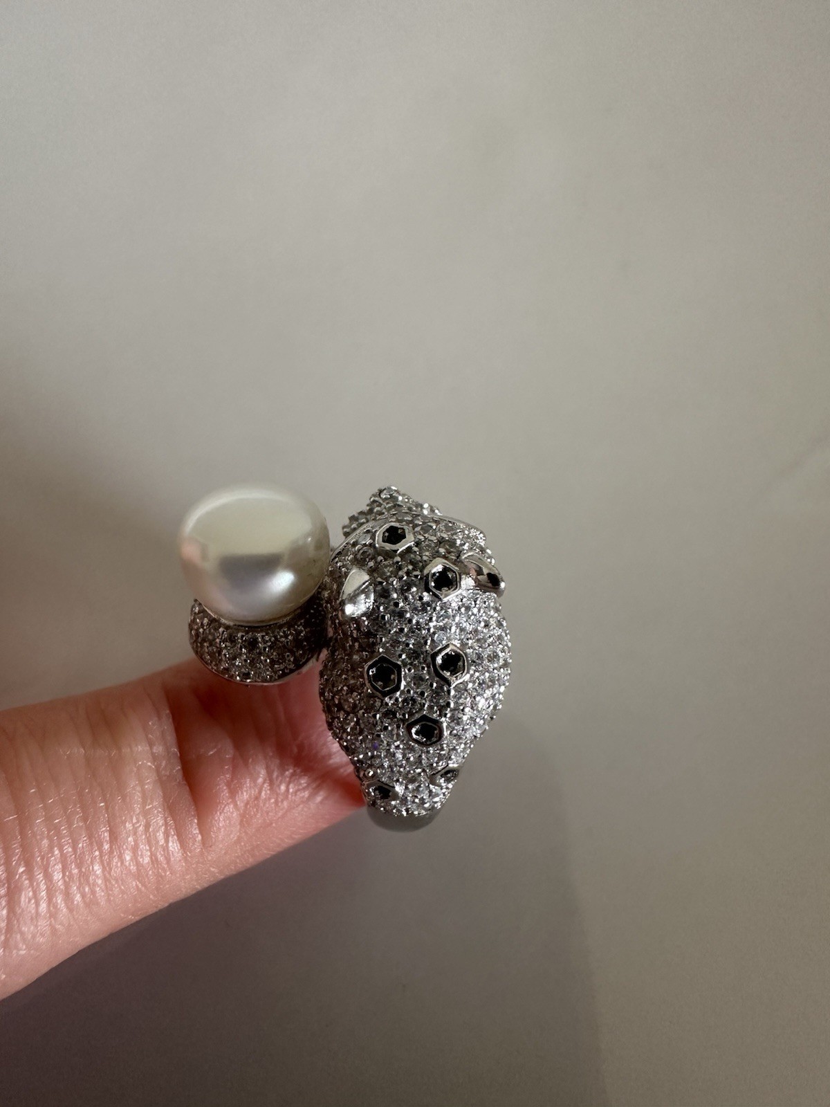 Ring 925 Silver Panther Head, Green Eye Cubic Zirconia With Pearl 7_8 Size