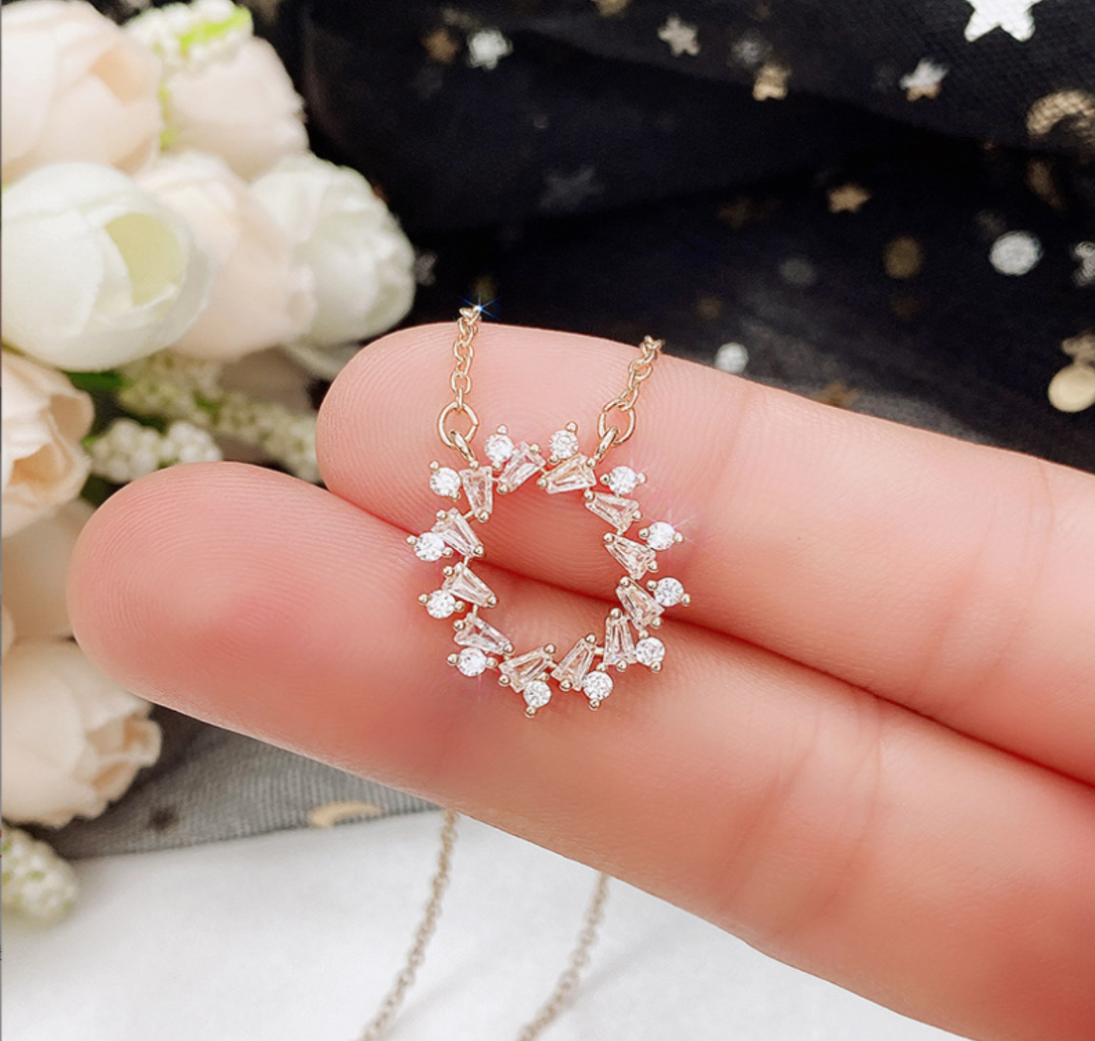 Titanium Flower Halo Oval Ring Gold Pave Cubic Zirconia Pendant Chain Necklace