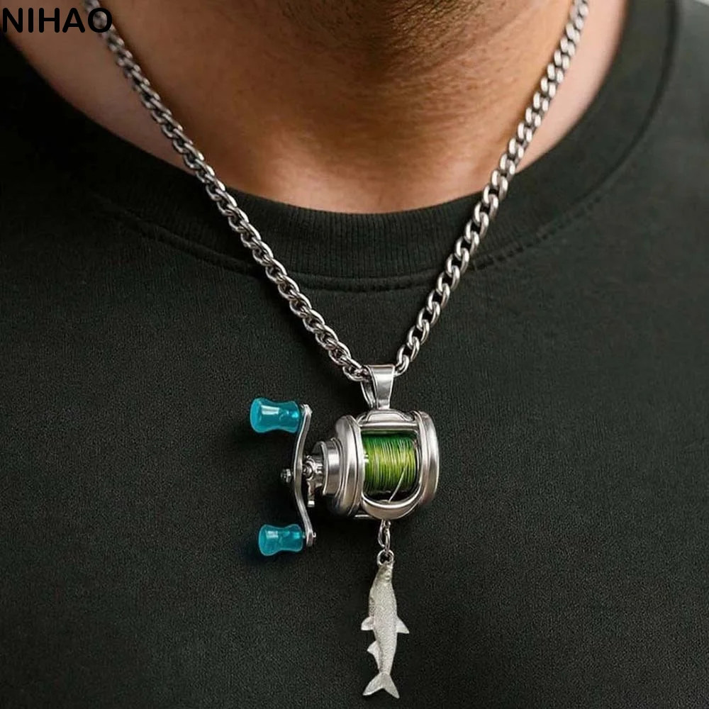 Silver Fishing Reel Necklace Mens Rotatable Detachable Pendant Unique Jewelry