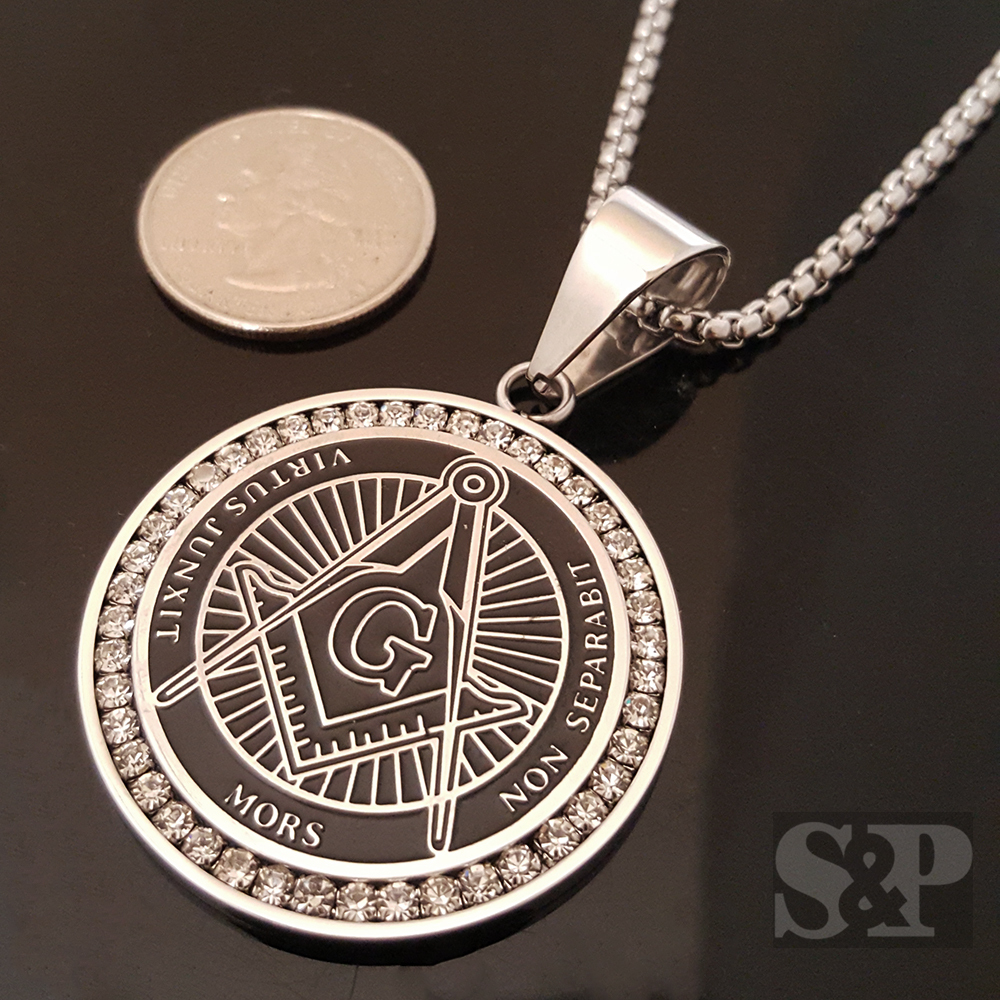 Stainless Steel Freemason Masonic CZ Pendant & 24″ Round Box Chain Necklace