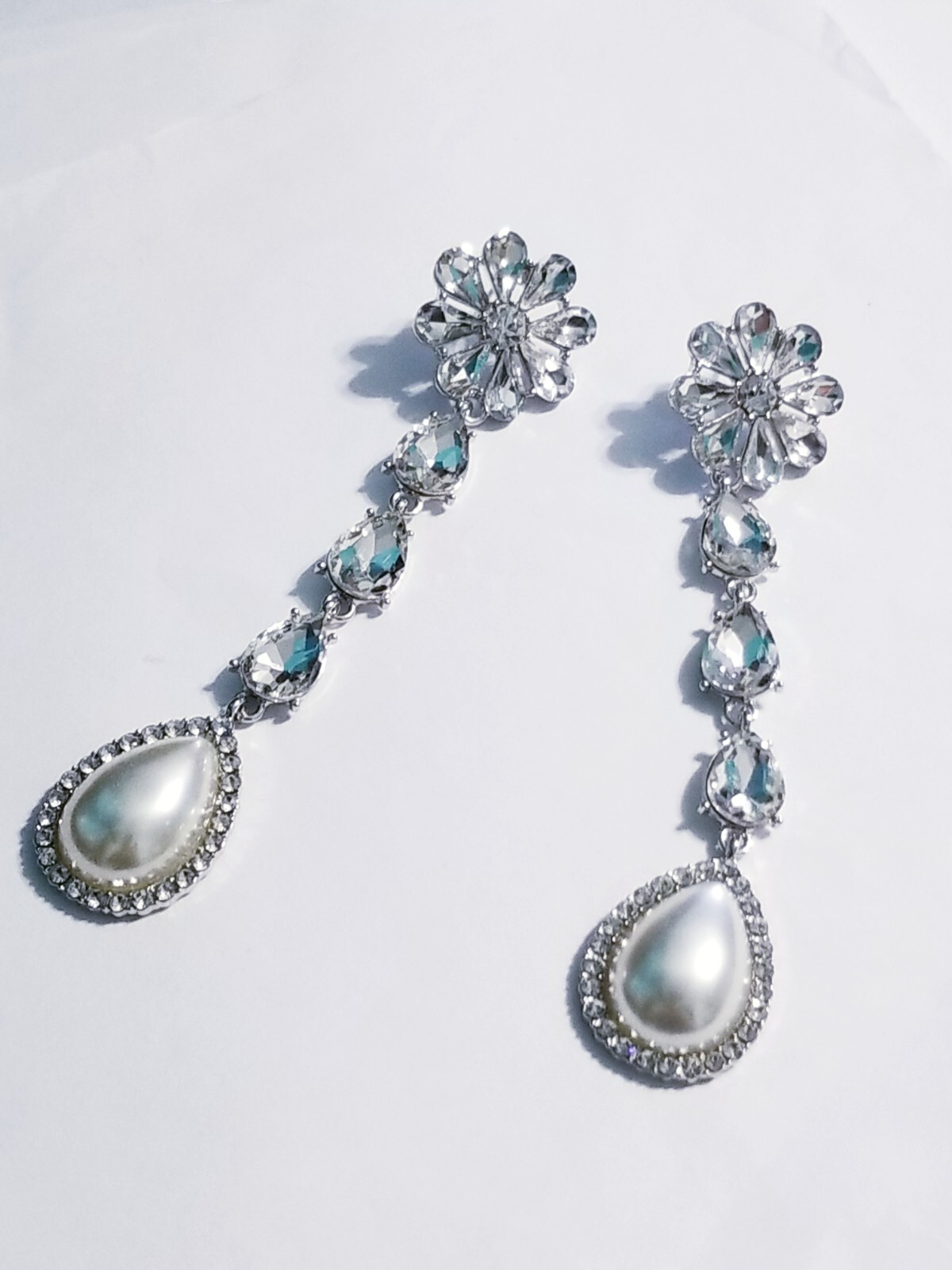 Created Pearl Dangle Chandelier Earrings 4.7 inch Clear Rhinestone Pageant Prom