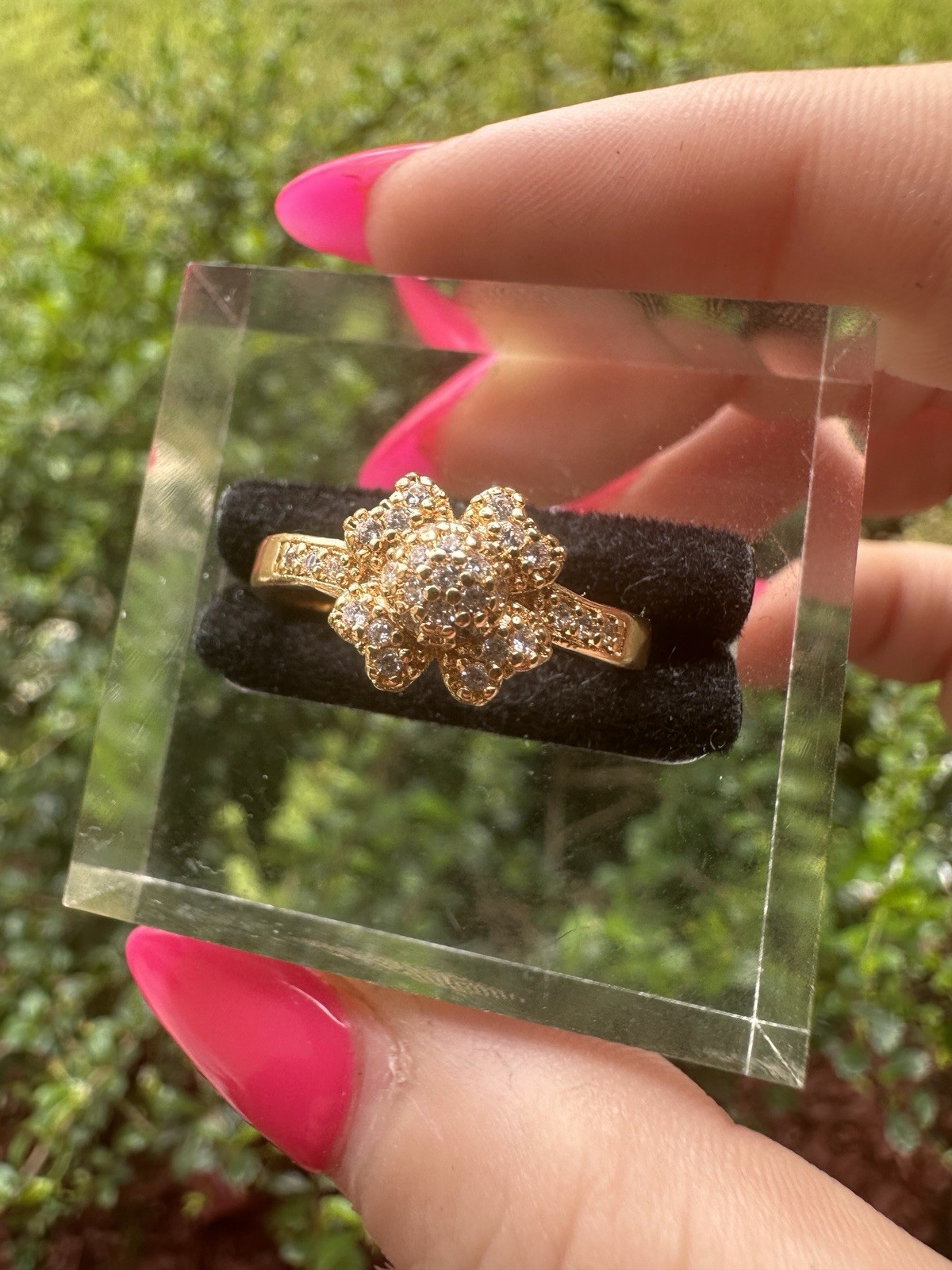 Gold-Tone Floral Cluster Ring with Clear Stones Stainless Steel Gifts