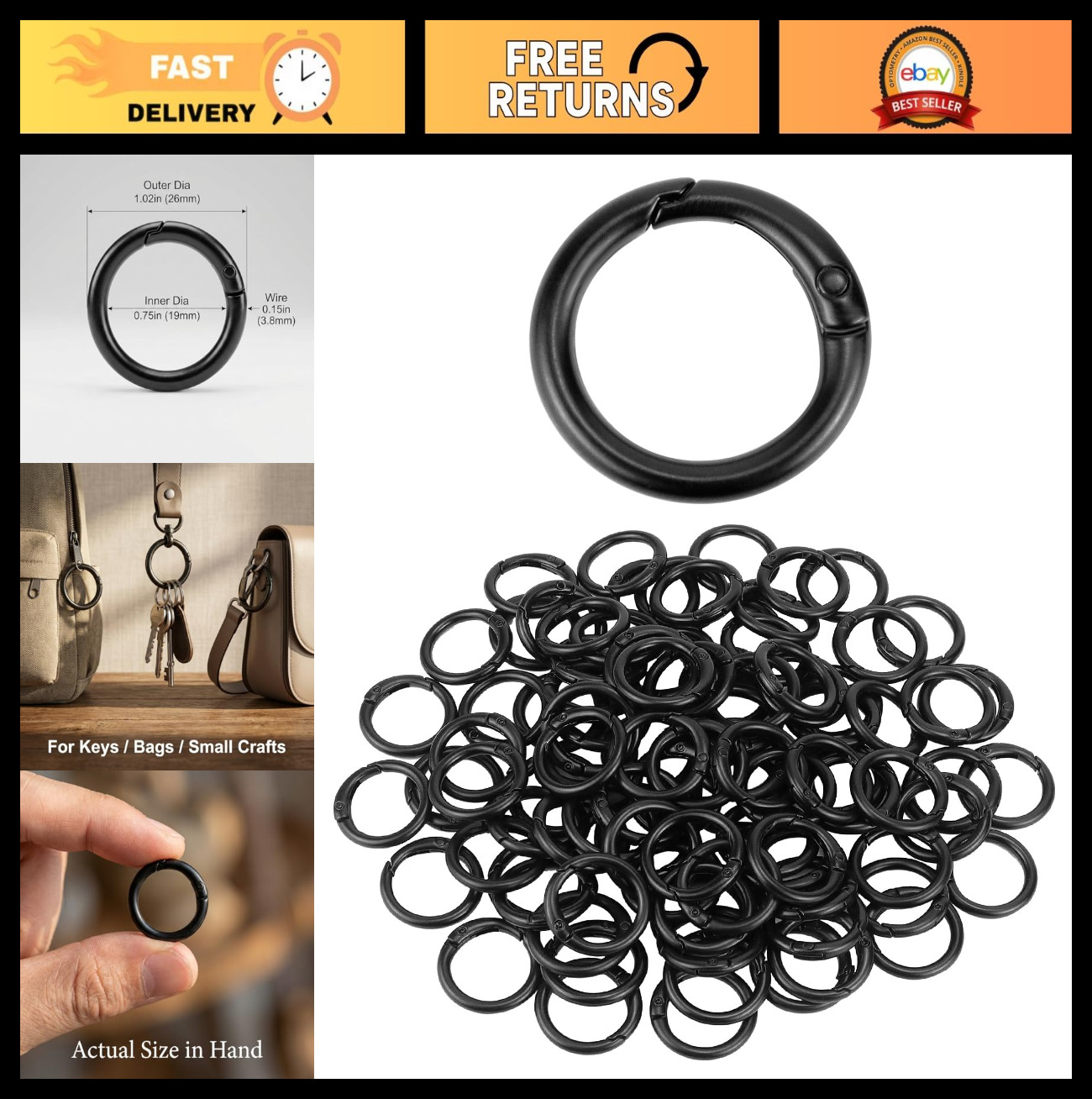 Matte Black Steel Spring O Ring 1.02″ – 100 Pcs Snap Hook for Keys, Bags & Craft