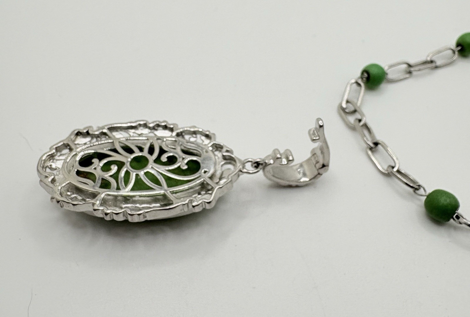 Mojave Green Turquoise Pendant Necklace Bead Station Paperclip Chain 18-20 in