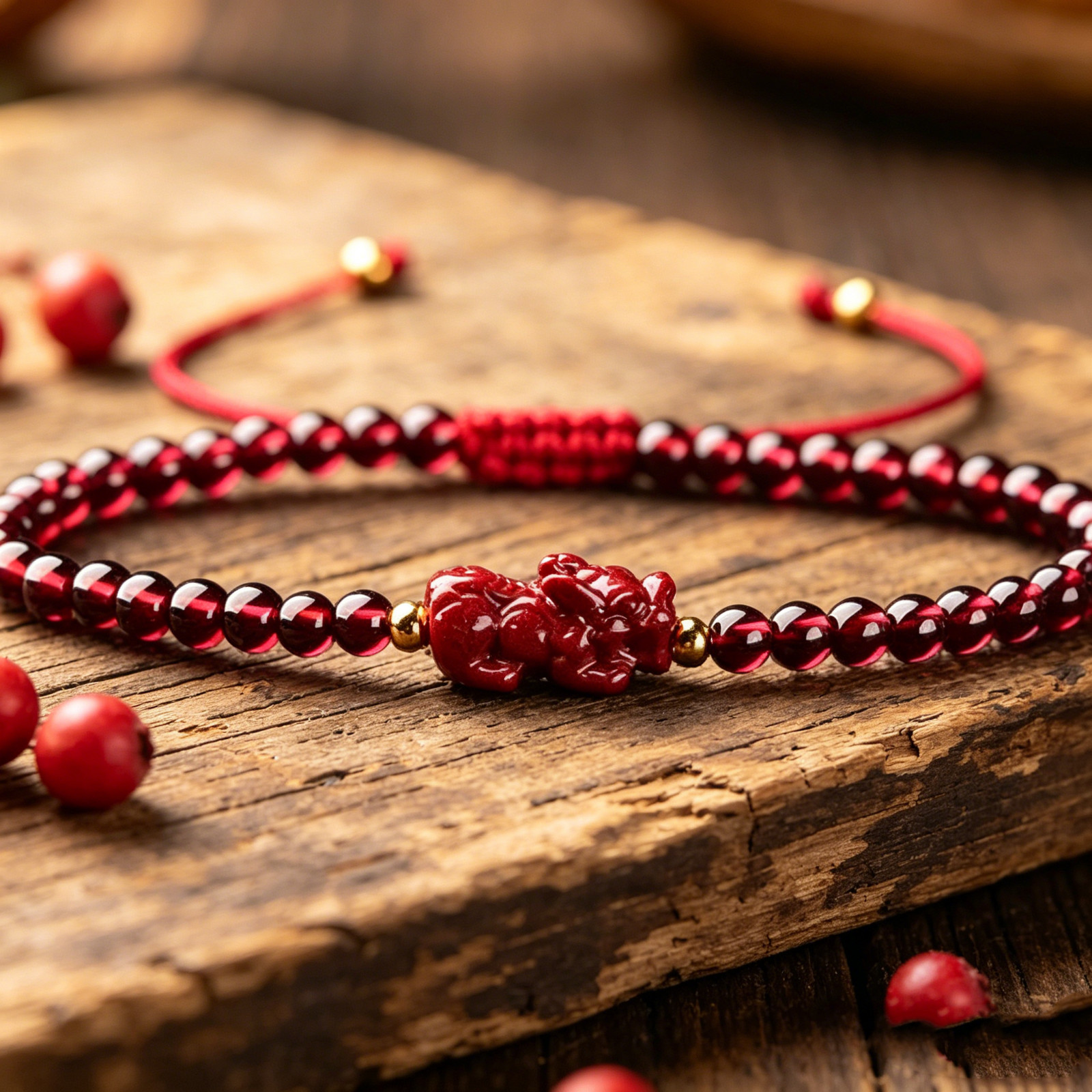 Adjustable Red Garnet Bracelet with Cinnabar Pixiu Charm Healing Crystal Gift