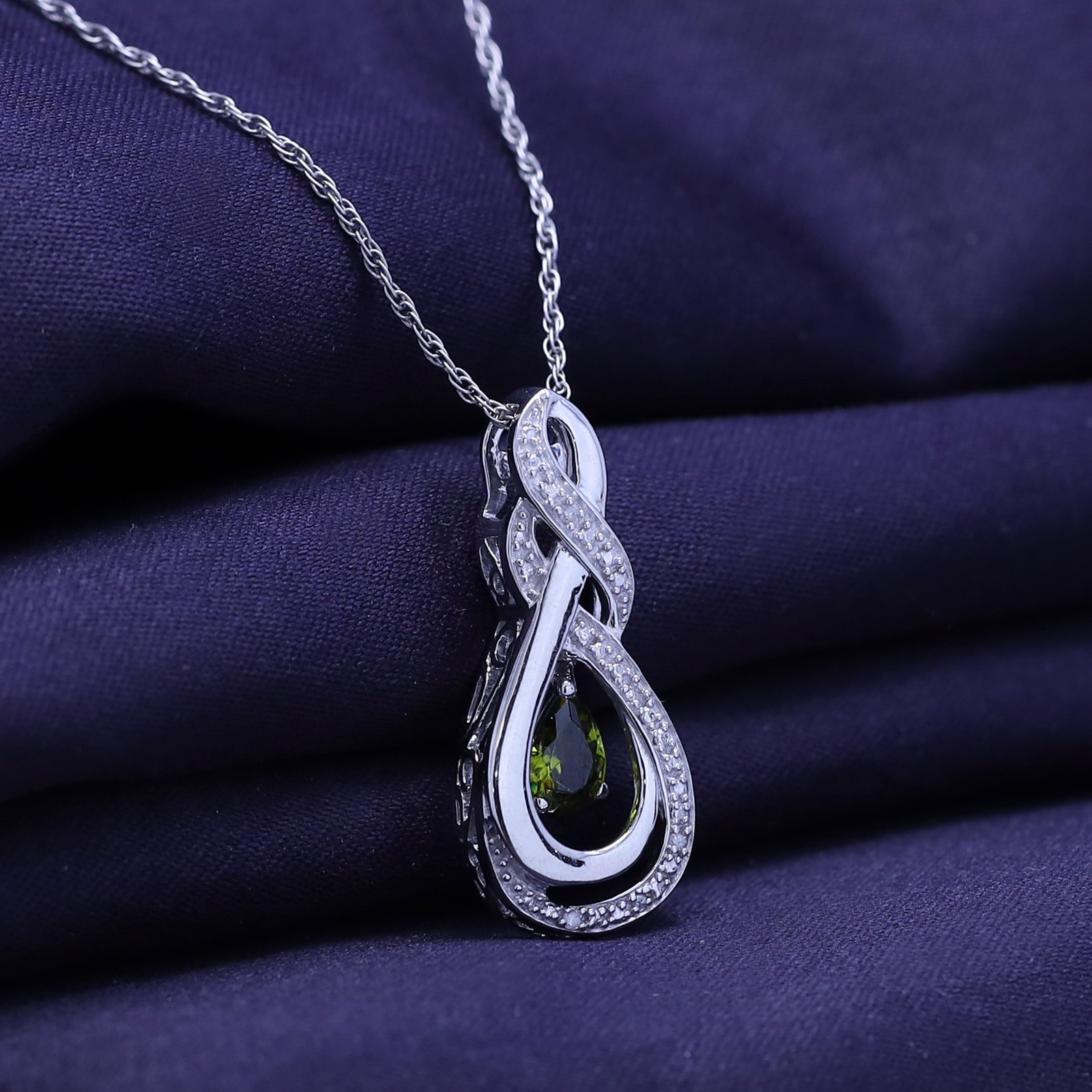 Teardrop Pendant Necklace Simulated Peridot & Natural Diamond Sterling Silver