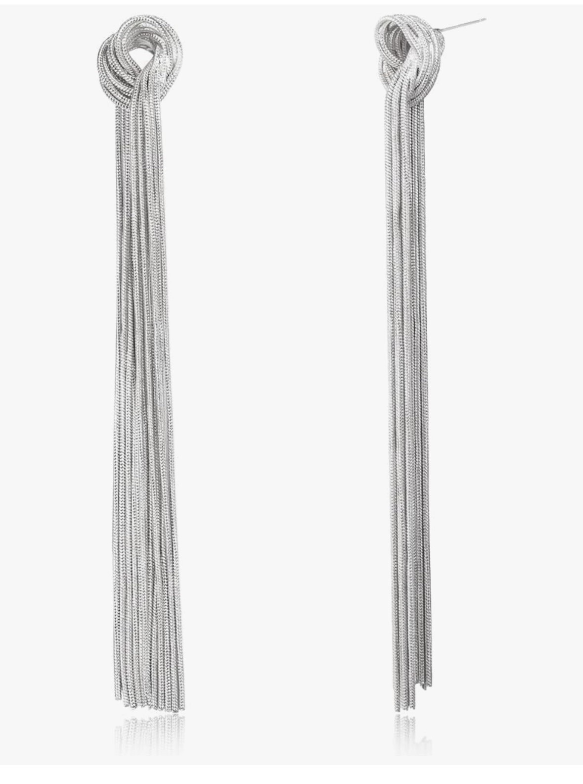 Silver Tone Tassel Dangle Drop Earrings Metal Stud Closure No Stone 5.1 in