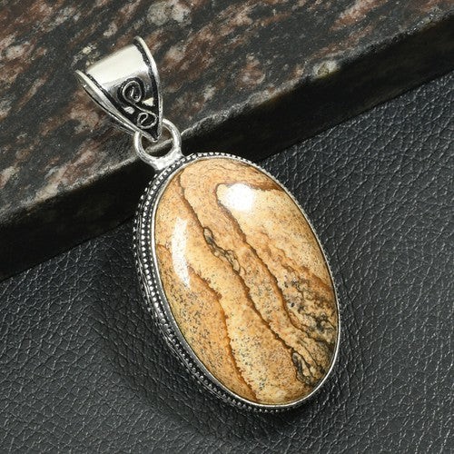 2.2″ Picture Jasper Gemstone Handmade Silver Plated Pendant