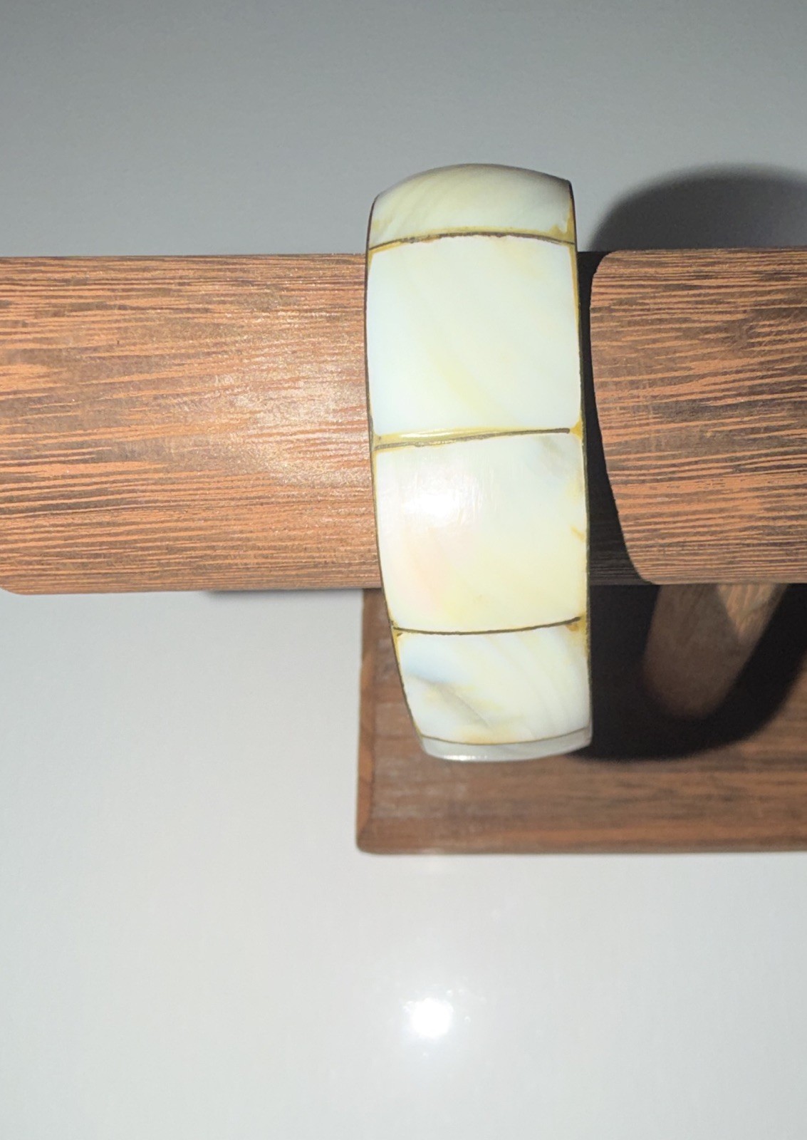 Mother of Pearl Shell Inlay Wide White Bangle Bracelet with Gold-Tone Interior
