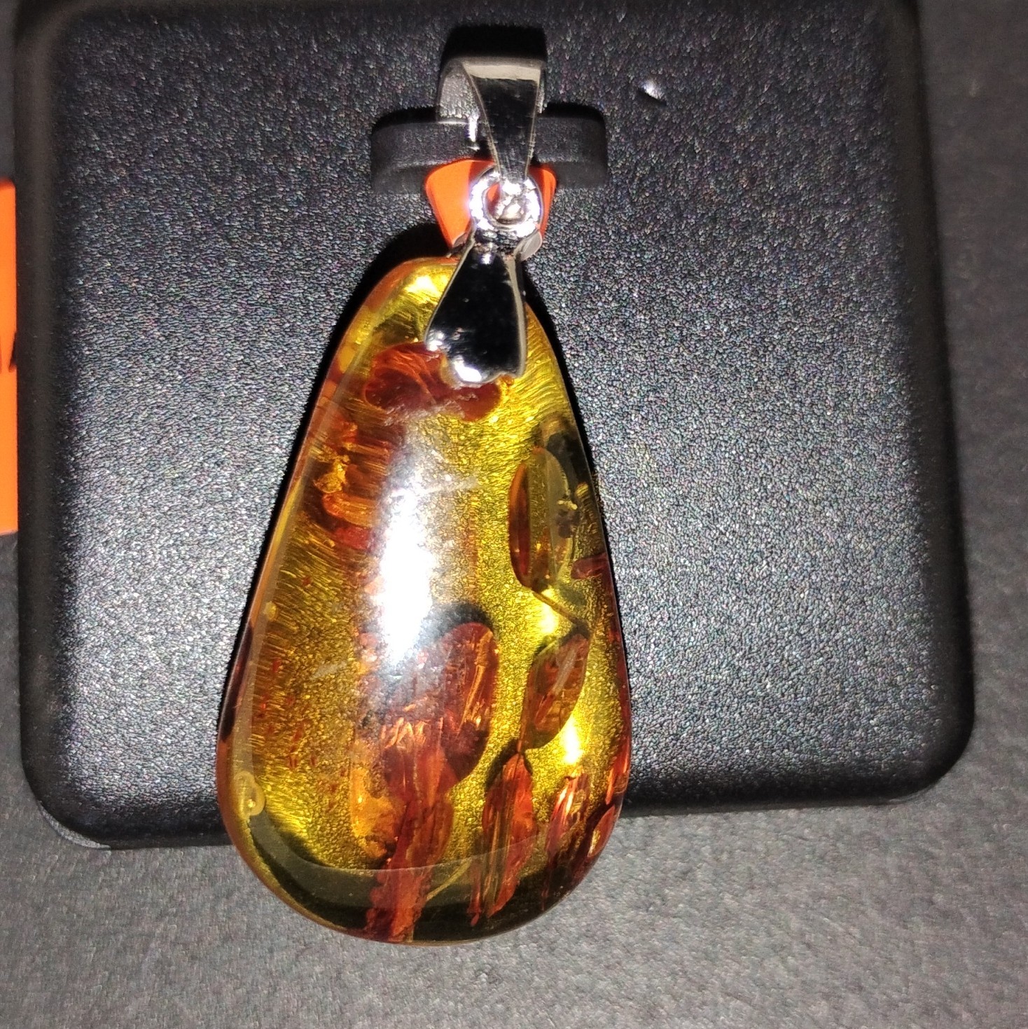 Natural Amber With Fossilized Leaves Pendant, Sterling Silver Bail