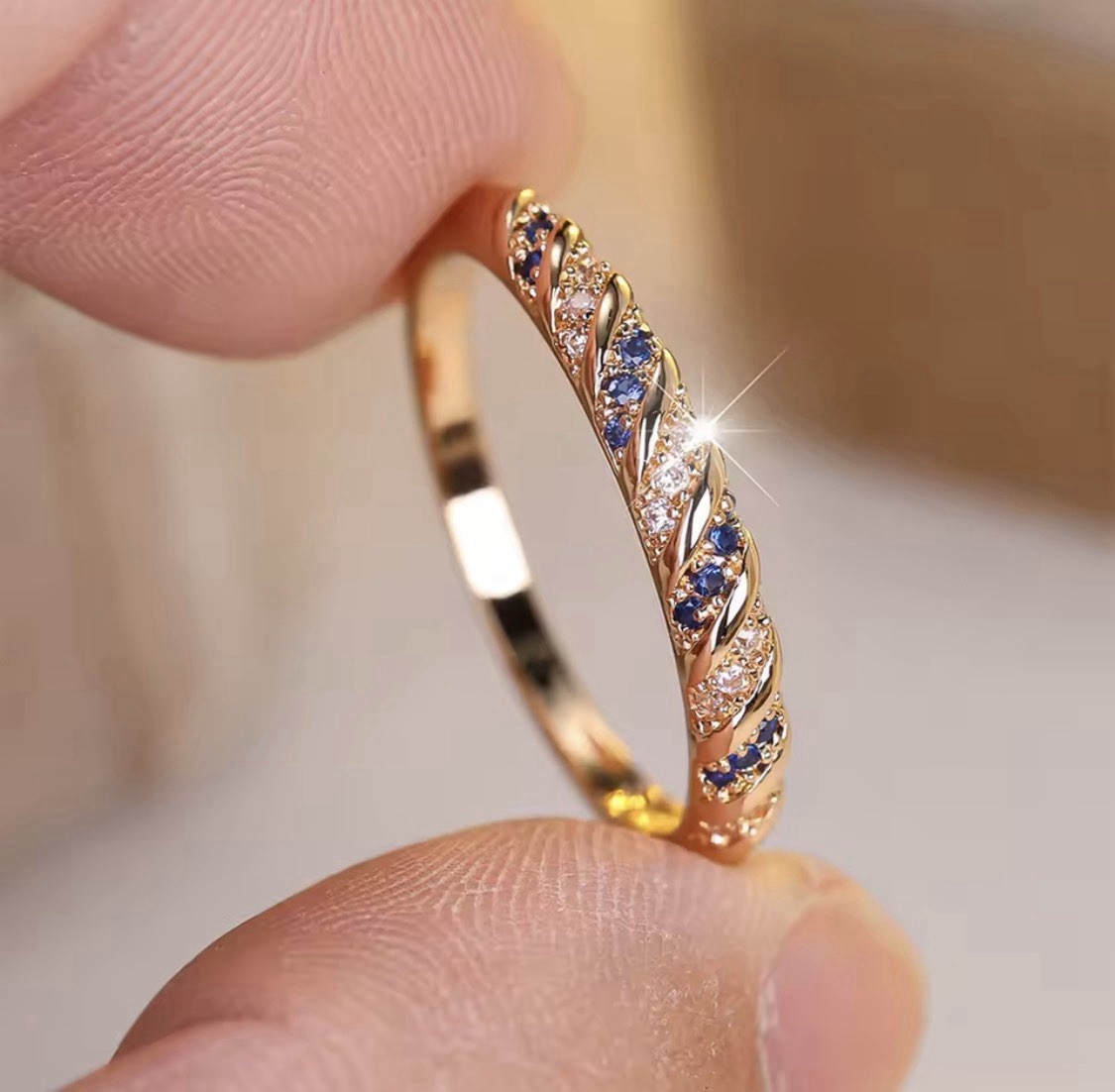 Gold Tone Twisted Band Ring Metal Blue & Clear Stones 2.9mm Wide