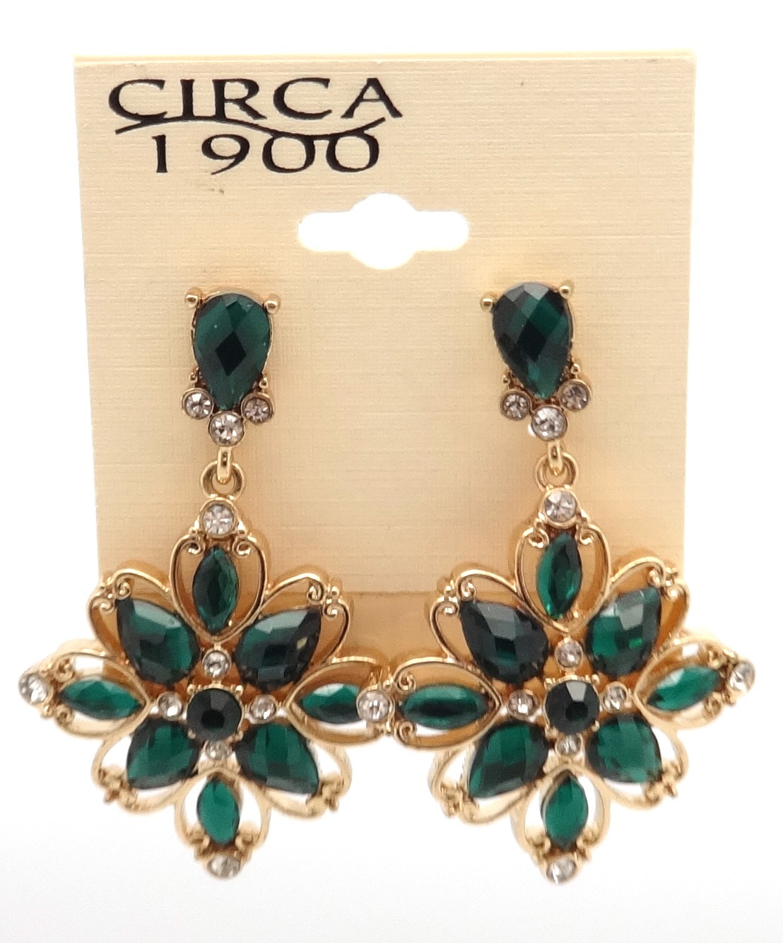 Circa 1900 Sunflower Green Crystal Goldtone Drop Dangle Earrings 2″ NEW