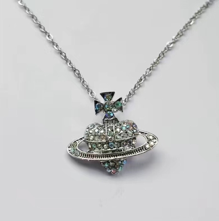 Silver Crown Saturn Planet Cubic Zirconium Charm Pendant Necklace 18” Chain