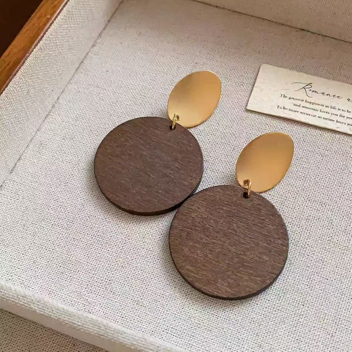 Retro brown metal earrings, round elegant wooden earrings