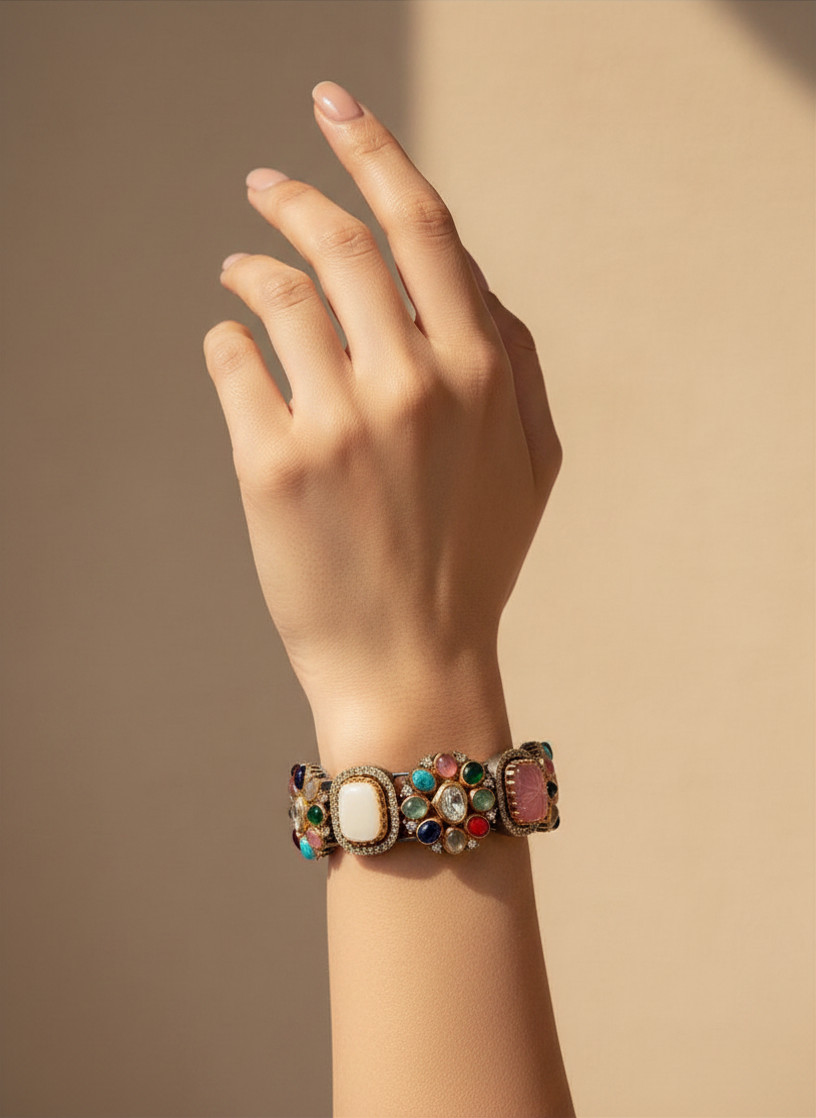 Navratan Openable Kada Bracelet, Sabyasachi Inspired Cuff, Multicolor Gemstone