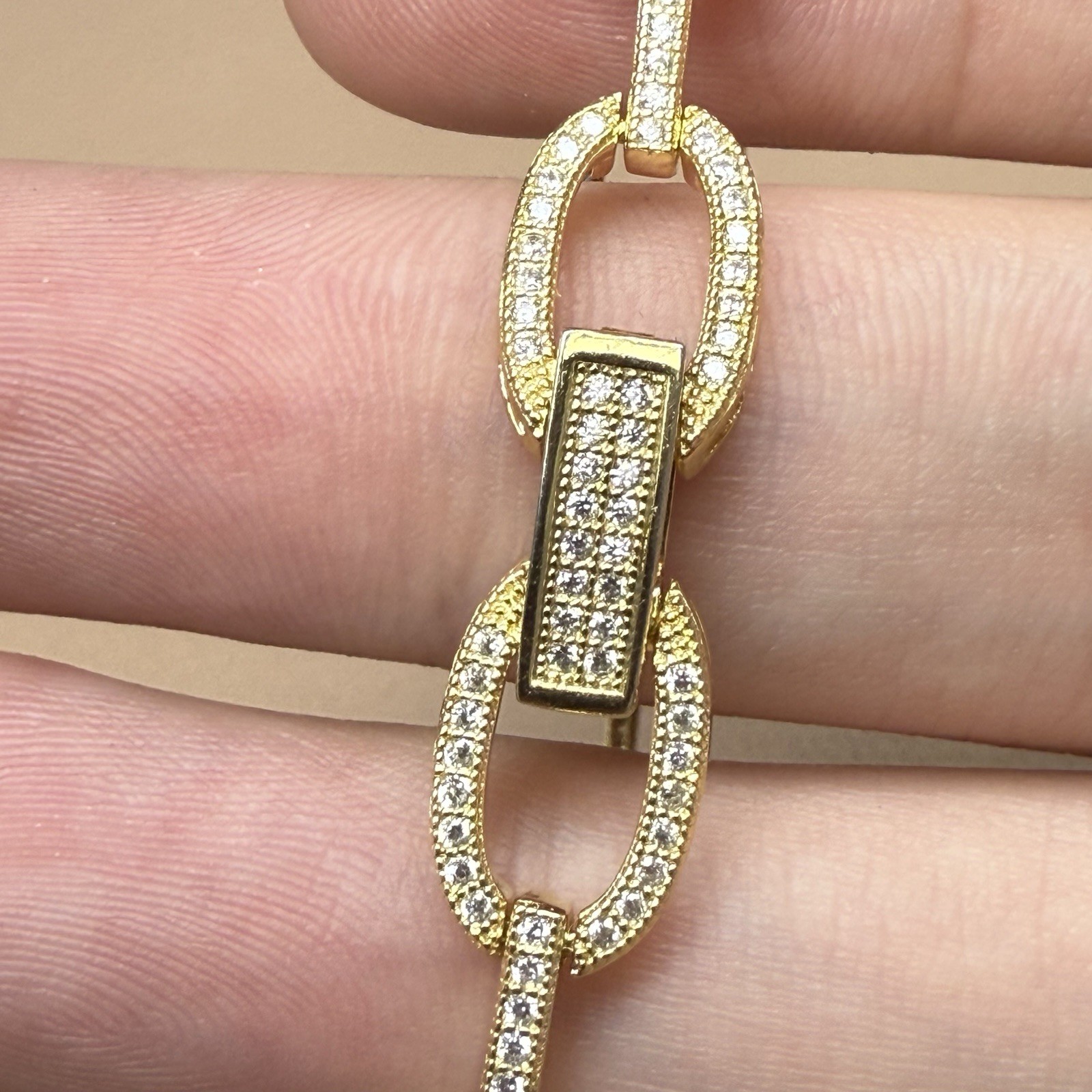 REL 925 Sterling Silver Gold Plated C Z Oval Bar Link Bracelet 6.5” 10g 9.1mm
