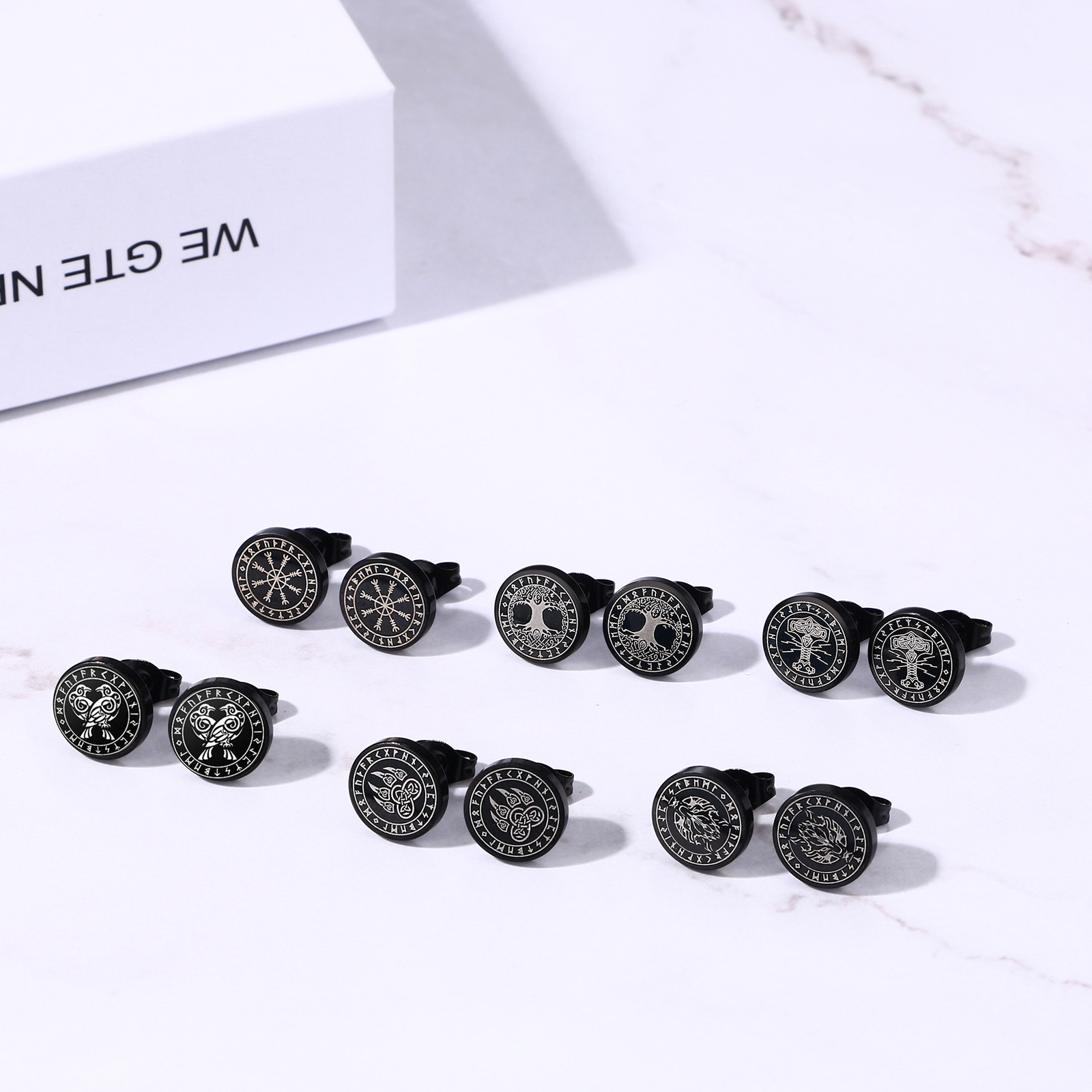 12pcs Mens Nordic Viking Rune Round Black Earrings Set Stainless Steel Ear Studs