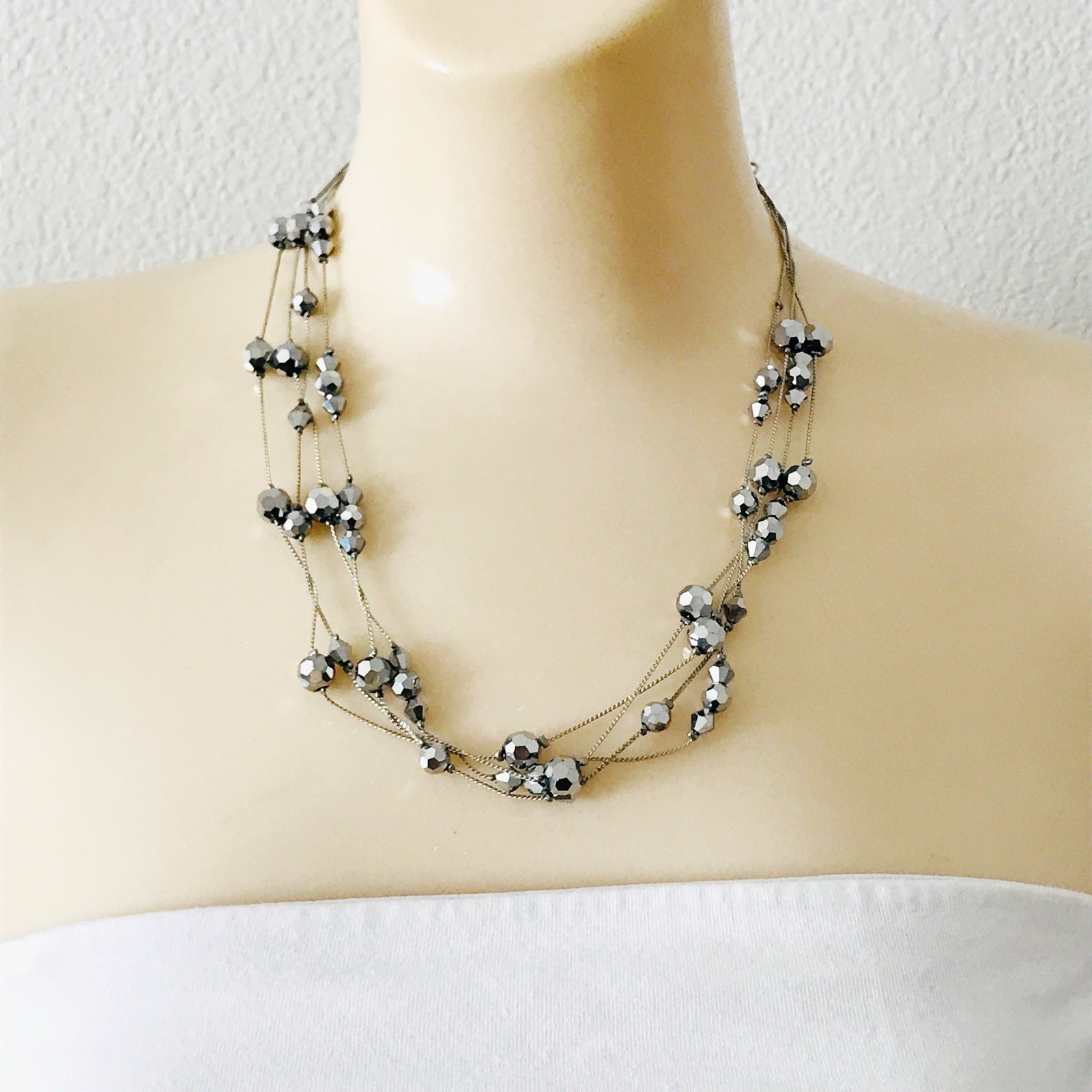 Womens Silver Tone Beaded Dainty Multi Chain Layered Necklace Fashion Jewelry