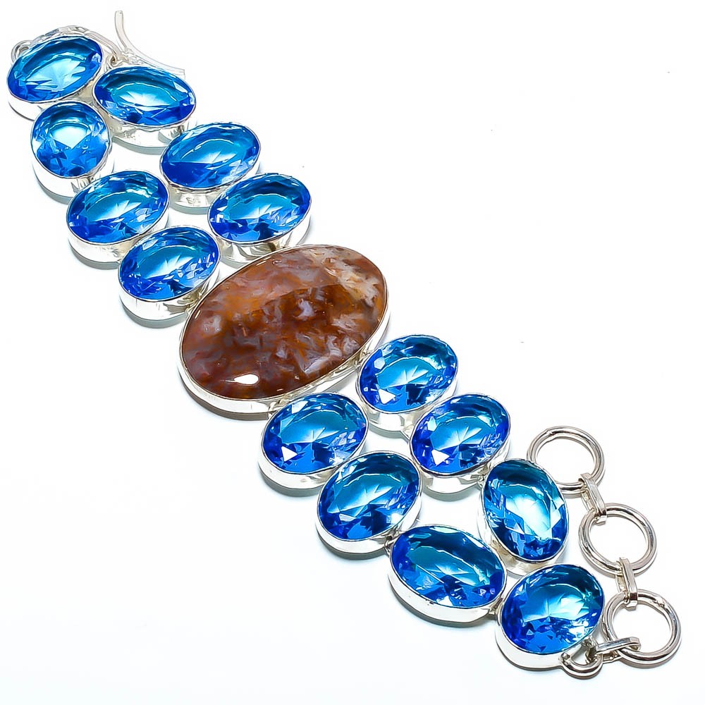 Natural Plume Agate & Blue Topaz Gemstone 925 Silver Bracelet 7.99″ S1925S