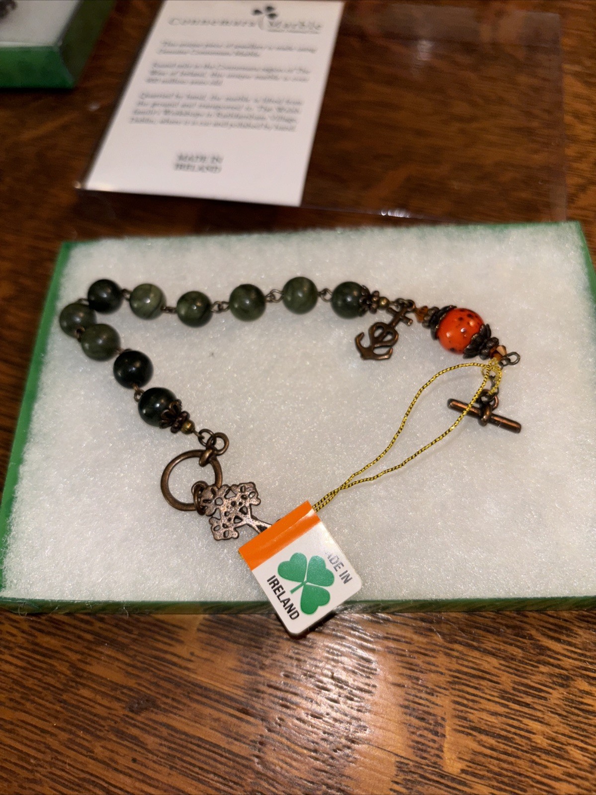 QVC Connemara Marble Bronzetone Antiqued Rosary Bracelet, Red StoneAccent NIB