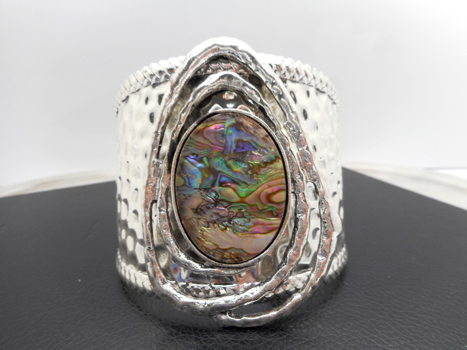 Bohemian Abalone Hammered Cuff Bracelet Silver Plated NEW