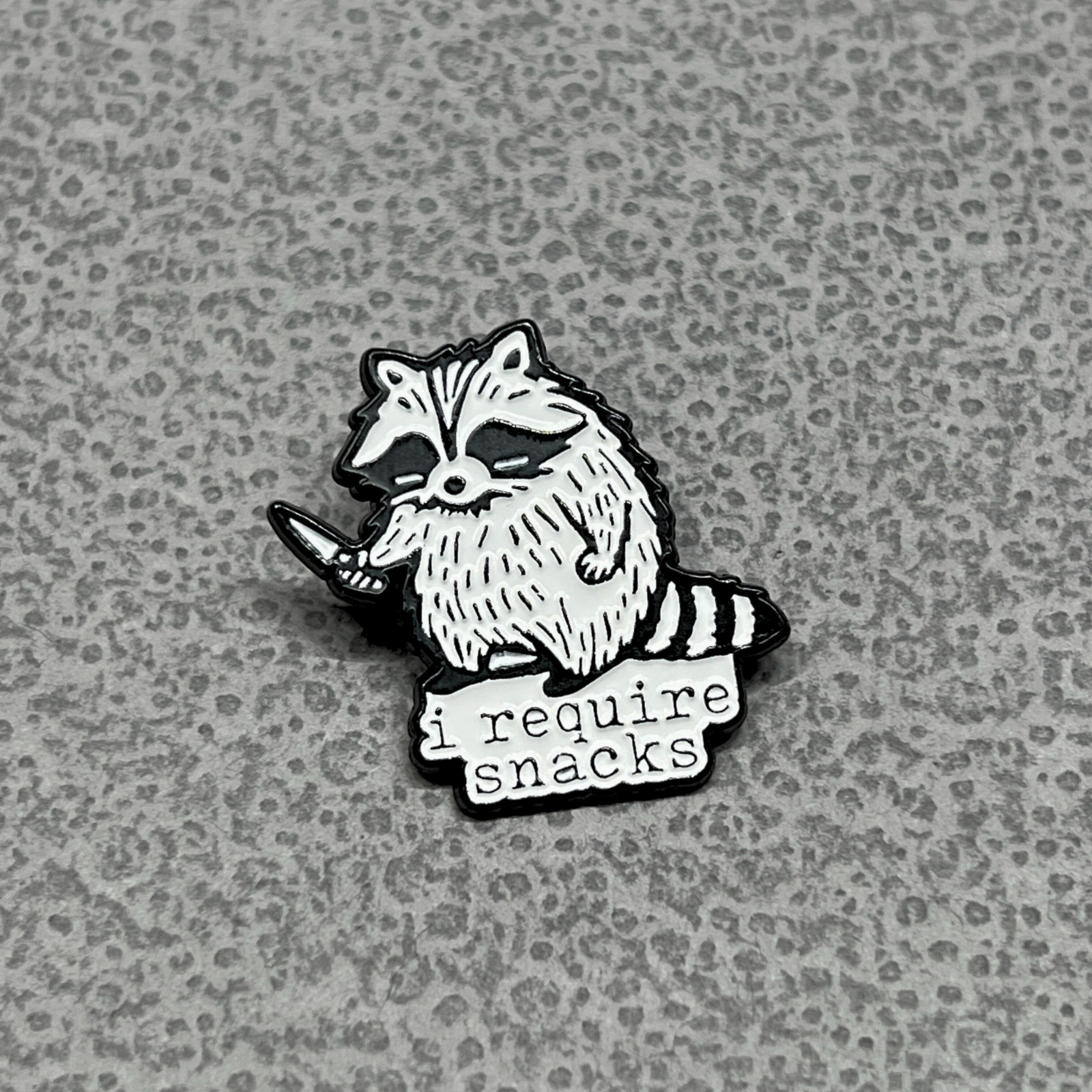I Require Snacks Raccoon Enamel Pin – Funny Animal Meme Lapel Badge