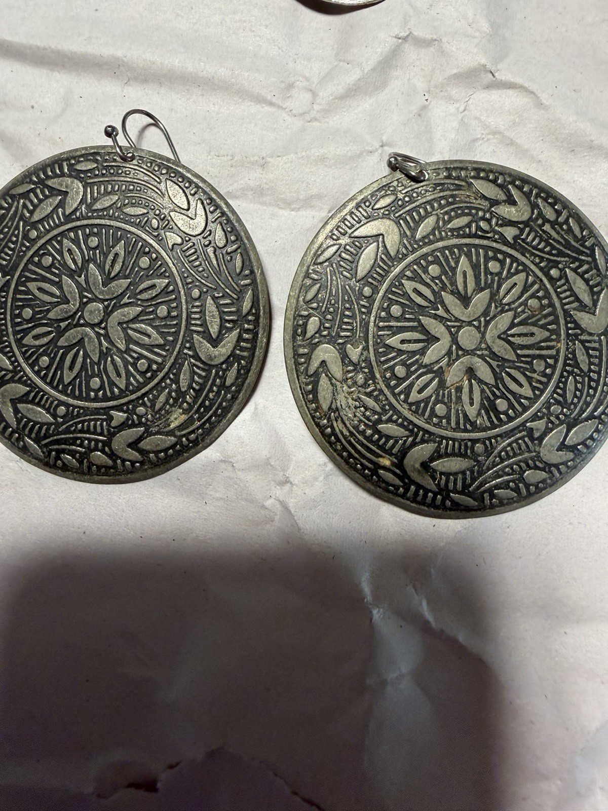 Silver Tone Engraved Round Disc Dangle Drop Earrings Hook Closure No Stone