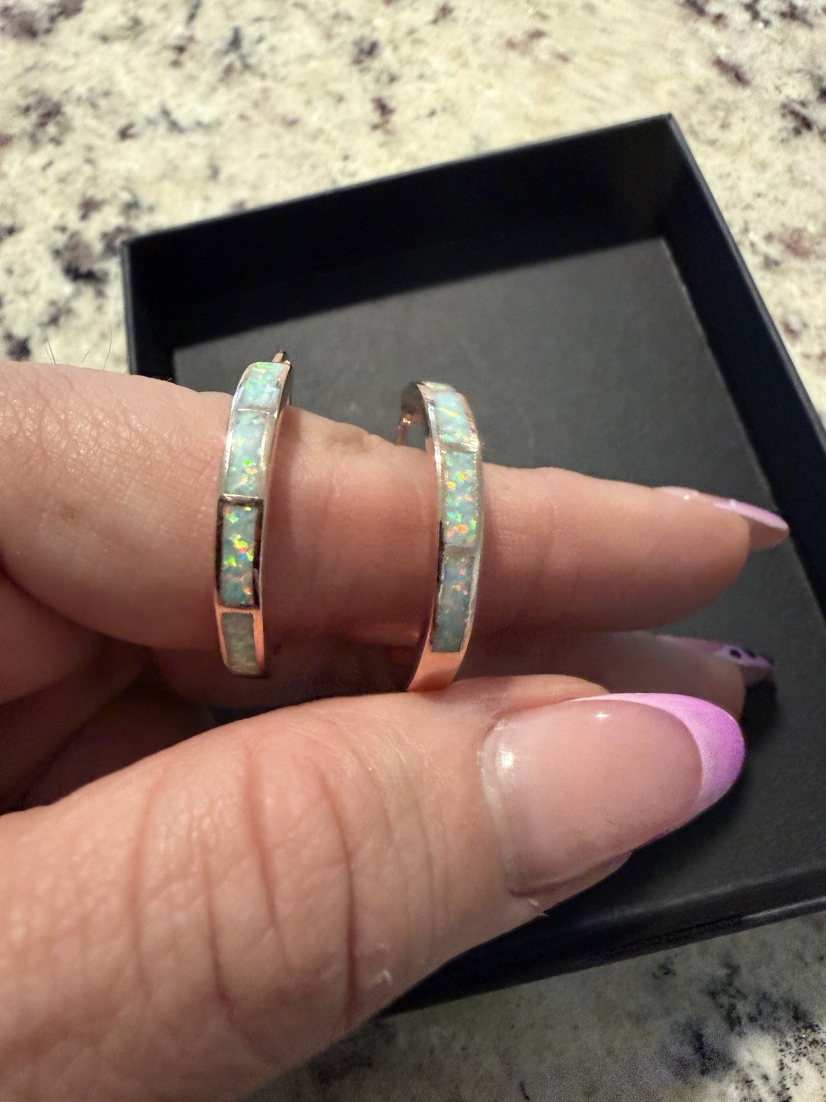 Opal Inlay Hinged Hoop Earrings Rose Gold Filled